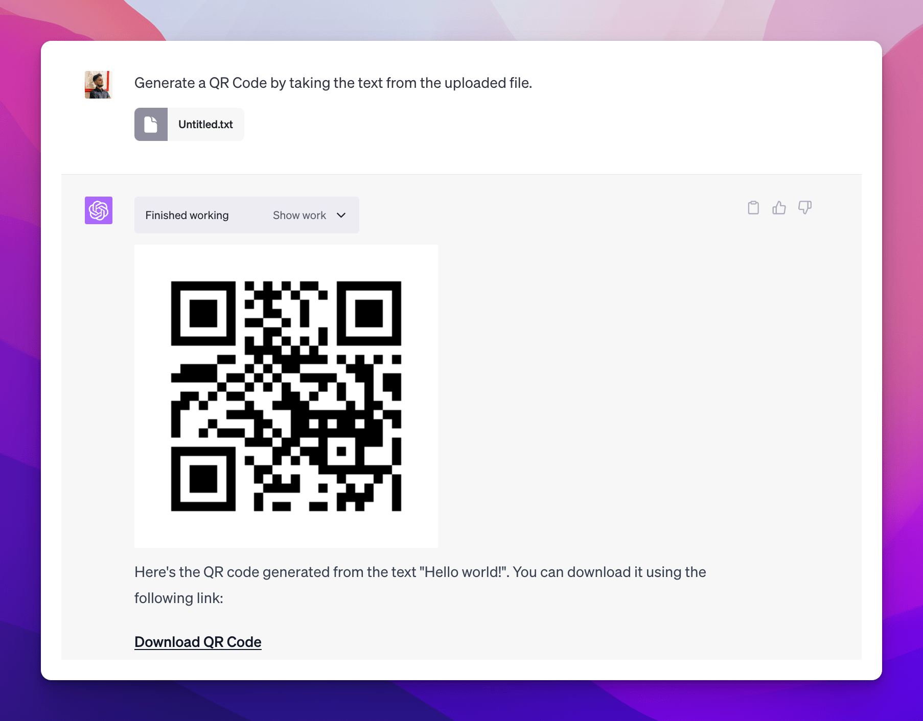 Prompt #1 to Generate a QR Code in OpenAI's ChatGPT