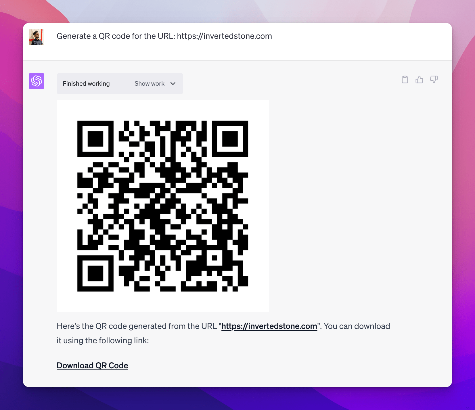 Prompt #2 to Generate a QR Code in OpenAI's ChatGPT